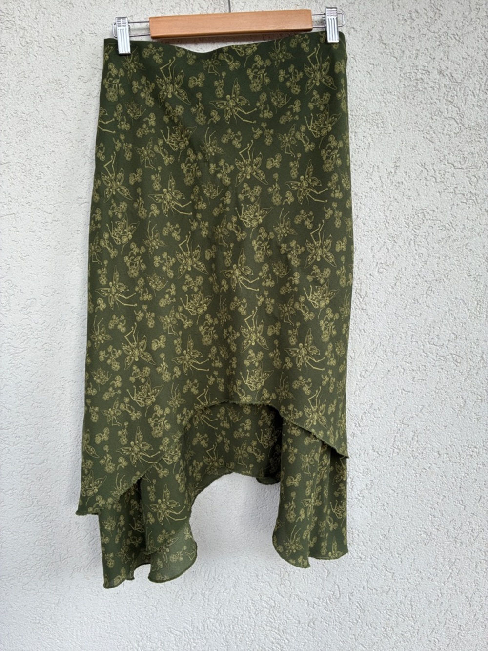 Thorn & Fable Olive Green Asymmetrical Skirt with winged skeletons & flowers - Picture 6 of 8